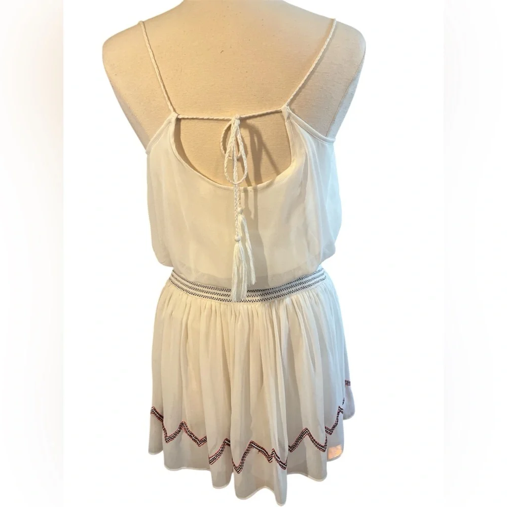 Free People Boho Summer Cream semi shear Dress w/Red Aztec Embroidery Size M - Picture 4 of 17